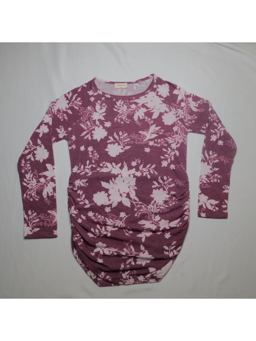 Hailey & Co Maternity Top Womens Medium M Purple Floral Ruched Side Long Sleeve